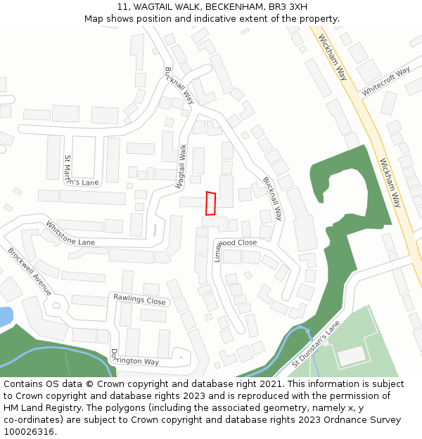 11, WAGTAIL WALK, BECKENHAM, BR3 3XH: Location map and indicative extent of plot