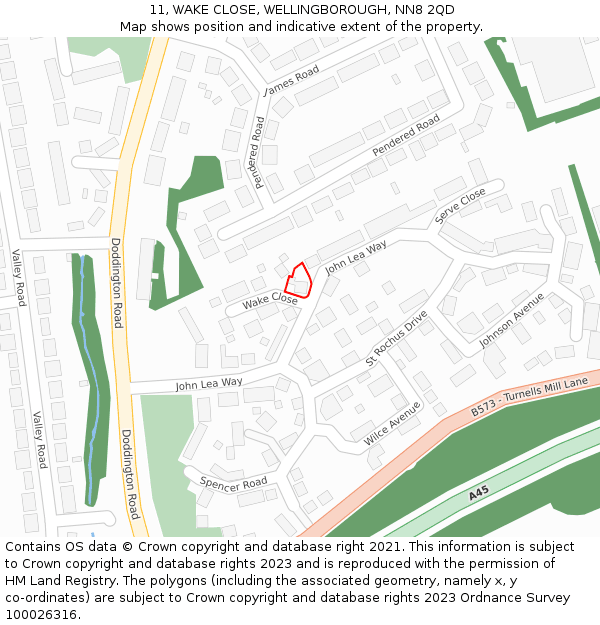 11, WAKE CLOSE, WELLINGBOROUGH, NN8 2QD: Location map and indicative extent of plot