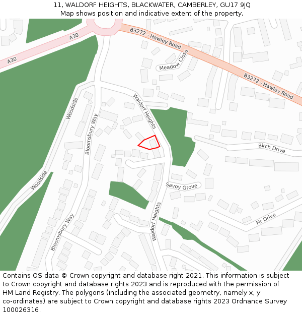 11, WALDORF HEIGHTS, BLACKWATER, CAMBERLEY, GU17 9JQ: Location map and indicative extent of plot