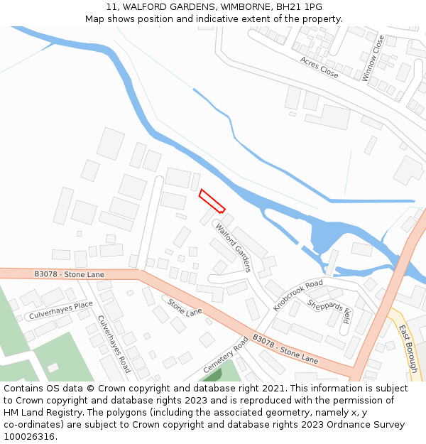 11, WALFORD GARDENS, WIMBORNE, BH21 1PG: Location map and indicative extent of plot