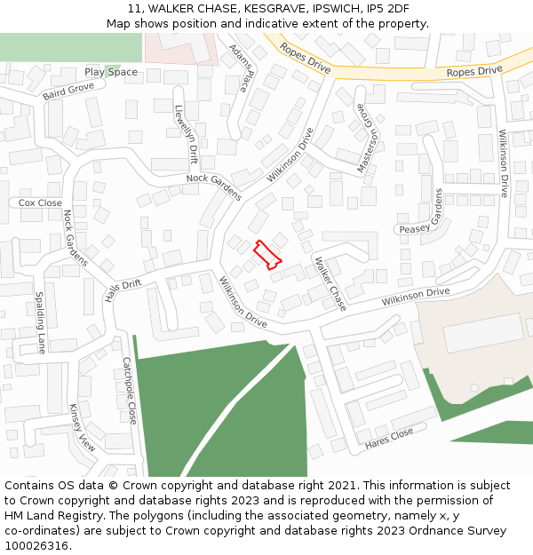 11, WALKER CHASE, KESGRAVE, IPSWICH, IP5 2DF: Location map and indicative extent of plot