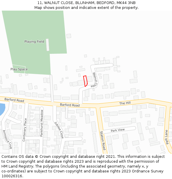 11, WALNUT CLOSE, BLUNHAM, BEDFORD, MK44 3NB: Location map and indicative extent of plot