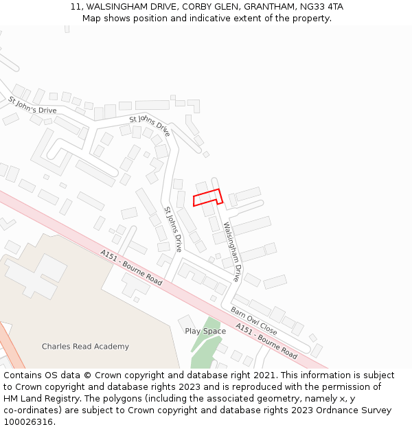 11, WALSINGHAM DRIVE, CORBY GLEN, GRANTHAM, NG33 4TA: Location map and indicative extent of plot