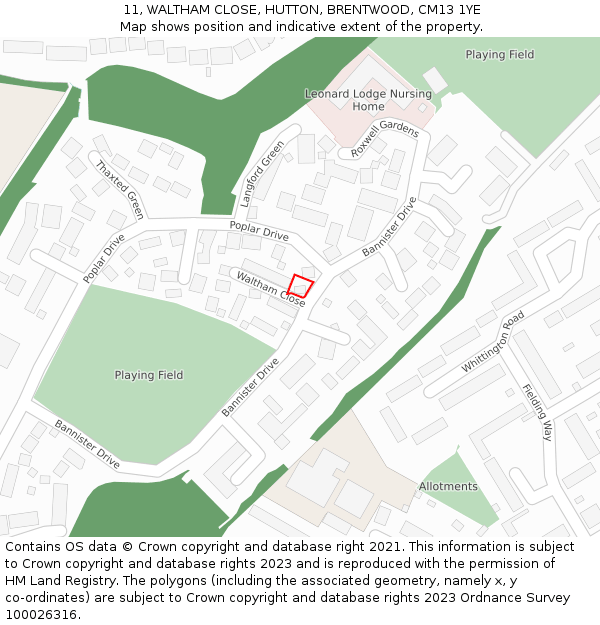 11, WALTHAM CLOSE, HUTTON, BRENTWOOD, CM13 1YE: Location map and indicative extent of plot