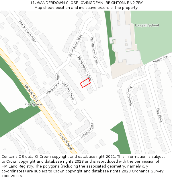 11, WANDERDOWN CLOSE, OVINGDEAN, BRIGHTON, BN2 7BY: Location map and indicative extent of plot