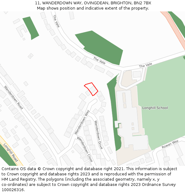 11, WANDERDOWN WAY, OVINGDEAN, BRIGHTON, BN2 7BX: Location map and indicative extent of plot