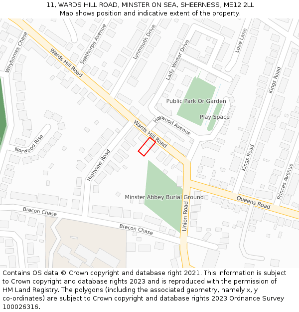 11, WARDS HILL ROAD, MINSTER ON SEA, SHEERNESS, ME12 2LL: Location map and indicative extent of plot