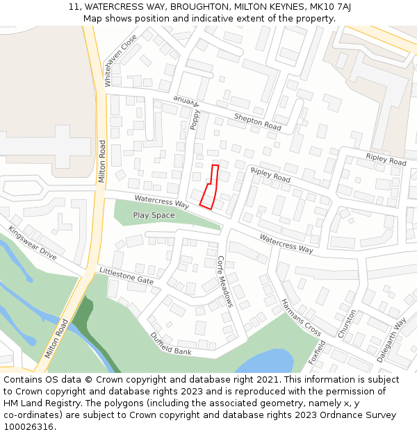 11, WATERCRESS WAY, BROUGHTON, MILTON KEYNES, MK10 7AJ: Location map and indicative extent of plot