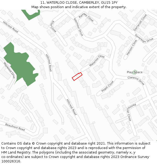 11, WATERLOO CLOSE, CAMBERLEY, GU15 1PY: Location map and indicative extent of plot