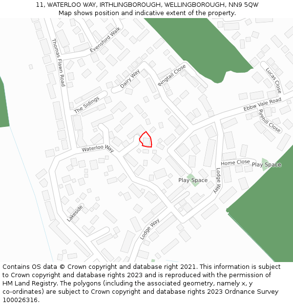 11, WATERLOO WAY, IRTHLINGBOROUGH, WELLINGBOROUGH, NN9 5QW: Location map and indicative extent of plot