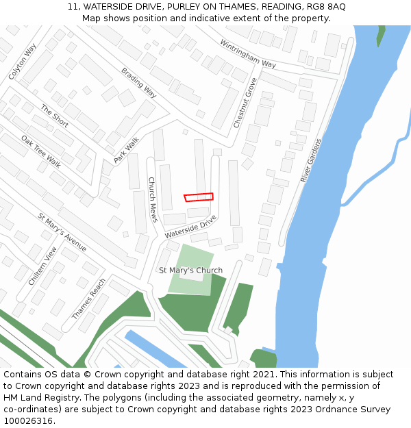 11, WATERSIDE DRIVE, PURLEY ON THAMES, READING, RG8 8AQ: Location map and indicative extent of plot