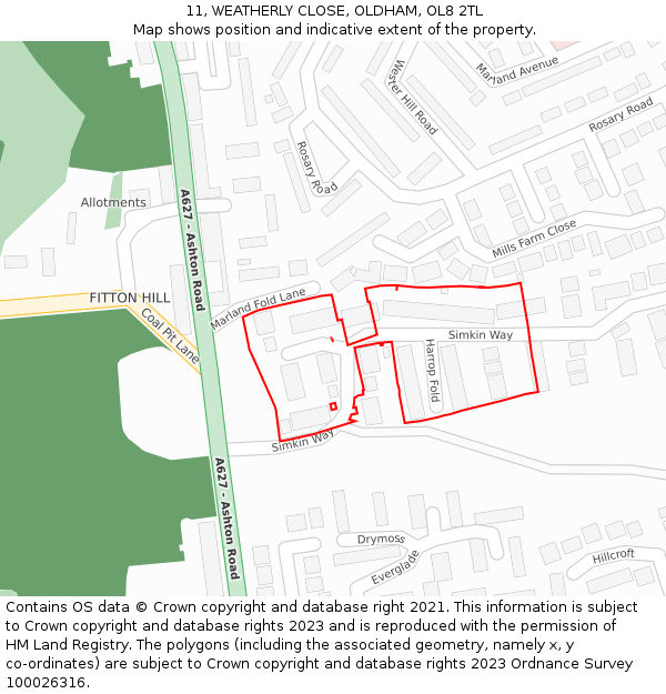 11, WEATHERLY CLOSE, OLDHAM, OL8 2TL: Location map and indicative extent of plot