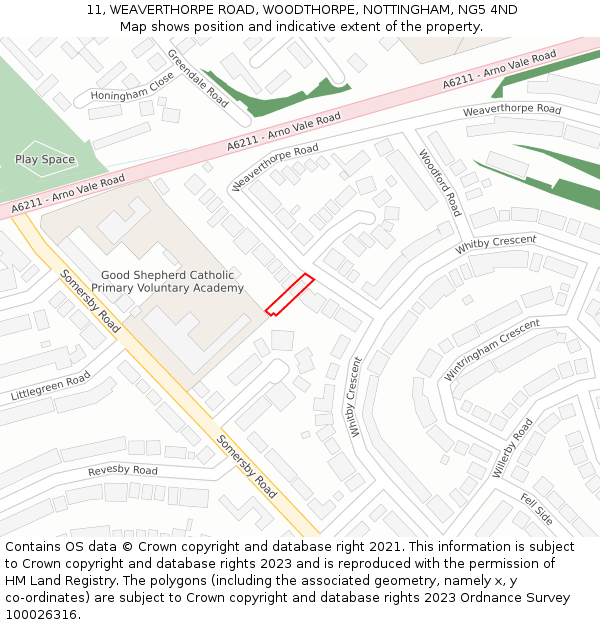 11, WEAVERTHORPE ROAD, WOODTHORPE, NOTTINGHAM, NG5 4ND: Location map and indicative extent of plot