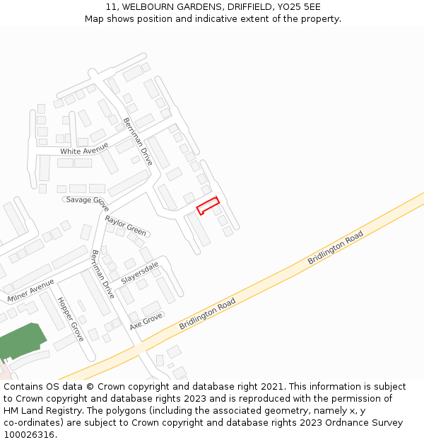 11, WELBOURN GARDENS, DRIFFIELD, YO25 5EE: Location map and indicative extent of plot