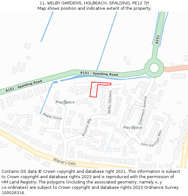 11, WELBY GARDENS, HOLBEACH, SPALDING, PE12 7JY: Location map and indicative extent of plot