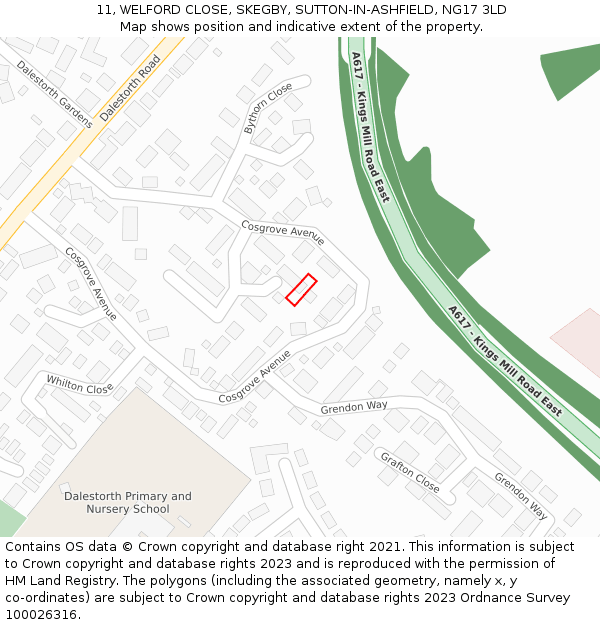 11, WELFORD CLOSE, SKEGBY, SUTTON-IN-ASHFIELD, NG17 3LD: Location map and indicative extent of plot