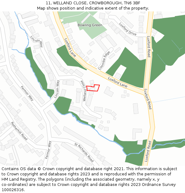 11, WELLAND CLOSE, CROWBOROUGH, TN6 3BF: Location map and indicative extent of plot