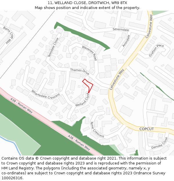 11, WELLAND CLOSE, DROITWICH, WR9 8TX: Location map and indicative extent of plot
