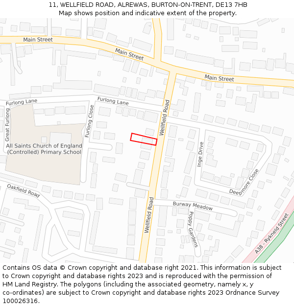 11, WELLFIELD ROAD, ALREWAS, BURTON-ON-TRENT, DE13 7HB: Location map and indicative extent of plot