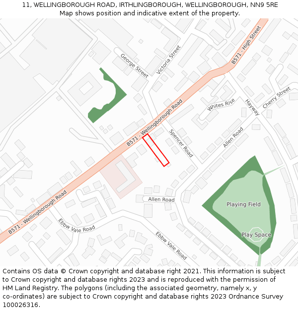 11, WELLINGBOROUGH ROAD, IRTHLINGBOROUGH, WELLINGBOROUGH, NN9 5RE: Location map and indicative extent of plot