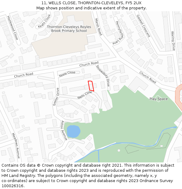 11, WELLS CLOSE, THORNTON-CLEVELEYS, FY5 2UX: Location map and indicative extent of plot