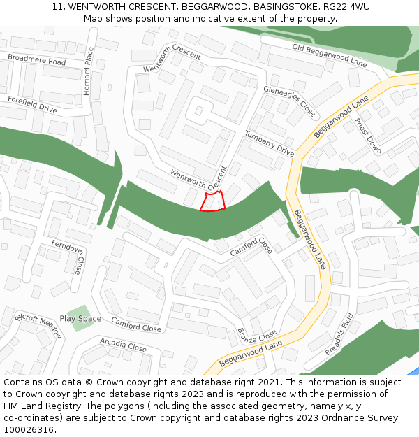 11, WENTWORTH CRESCENT, BEGGARWOOD, BASINGSTOKE, RG22 4WU: Location map and indicative extent of plot