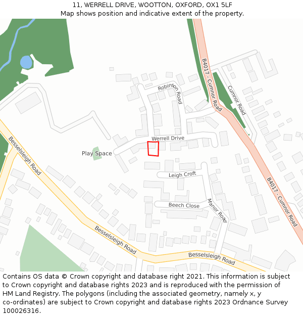 11, WERRELL DRIVE, WOOTTON, OXFORD, OX1 5LF: Location map and indicative extent of plot