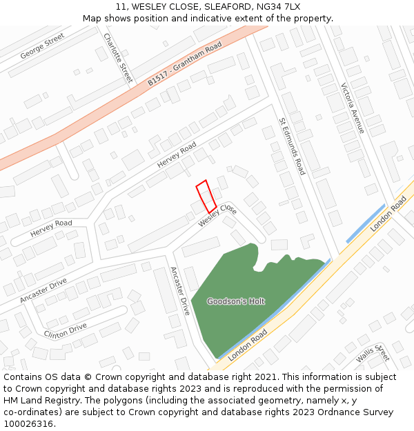 11, WESLEY CLOSE, SLEAFORD, NG34 7LX: Location map and indicative extent of plot