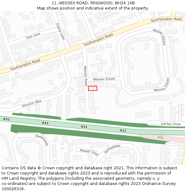 11, WESSEX ROAD, RINGWOOD, BH24 1XB: Location map and indicative extent of plot