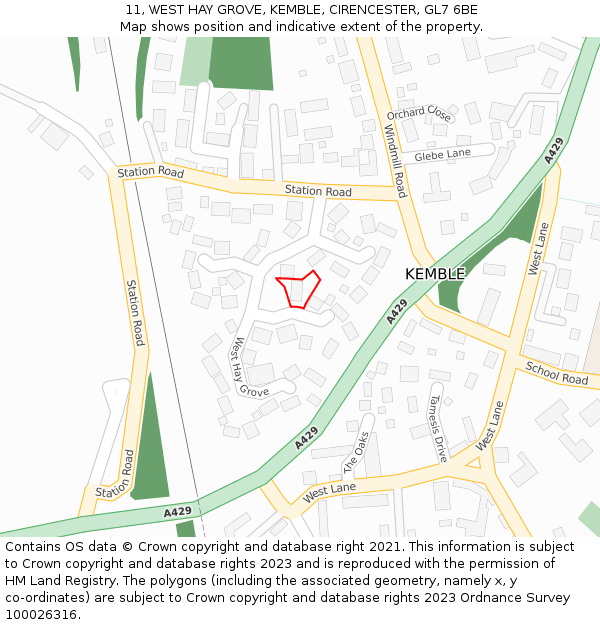 11, WEST HAY GROVE, KEMBLE, CIRENCESTER, GL7 6BE: Location map and indicative extent of plot