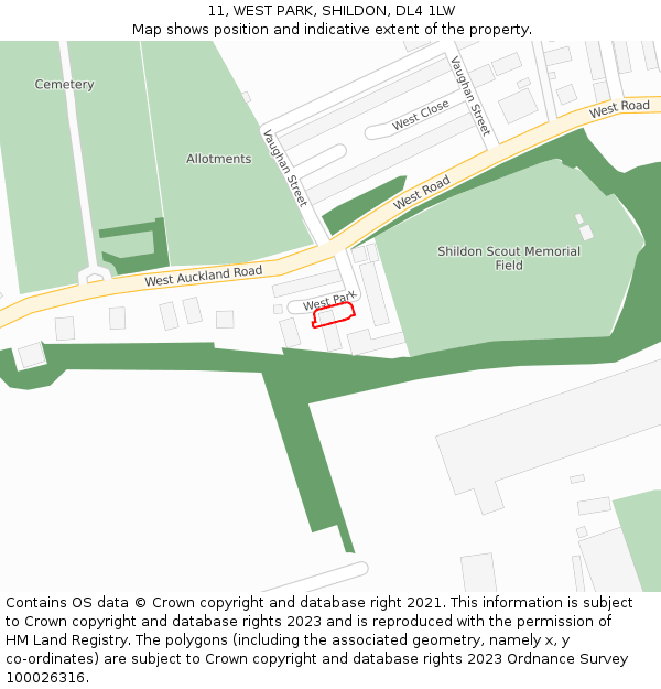 11, WEST PARK, SHILDON, DL4 1LW: Location map and indicative extent of plot