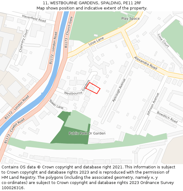 11, WESTBOURNE GARDENS, SPALDING, PE11 2RF: Location map and indicative extent of plot