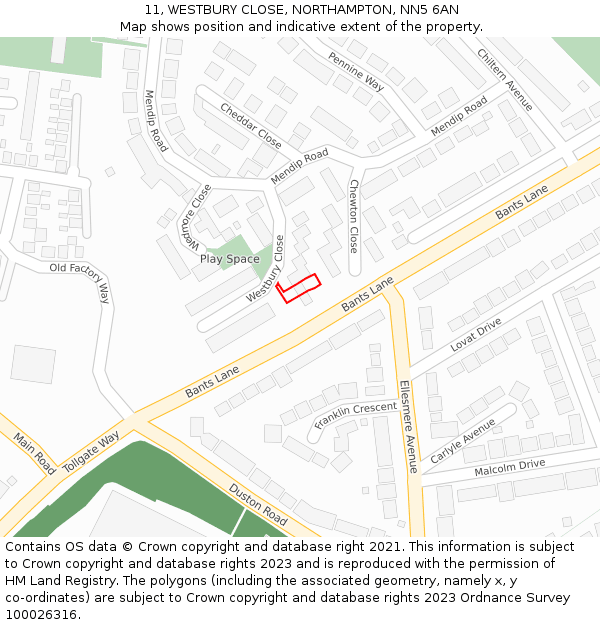 11, WESTBURY CLOSE, NORTHAMPTON, NN5 6AN: Location map and indicative extent of plot