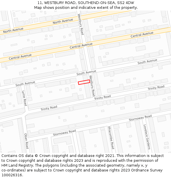 11, WESTBURY ROAD, SOUTHEND-ON-SEA, SS2 4DW: Location map and indicative extent of plot