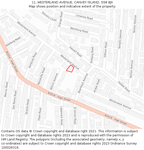11, WESTERLAND AVENUE, CANVEY ISLAND, SS8 8JX: Location map and indicative extent of plot