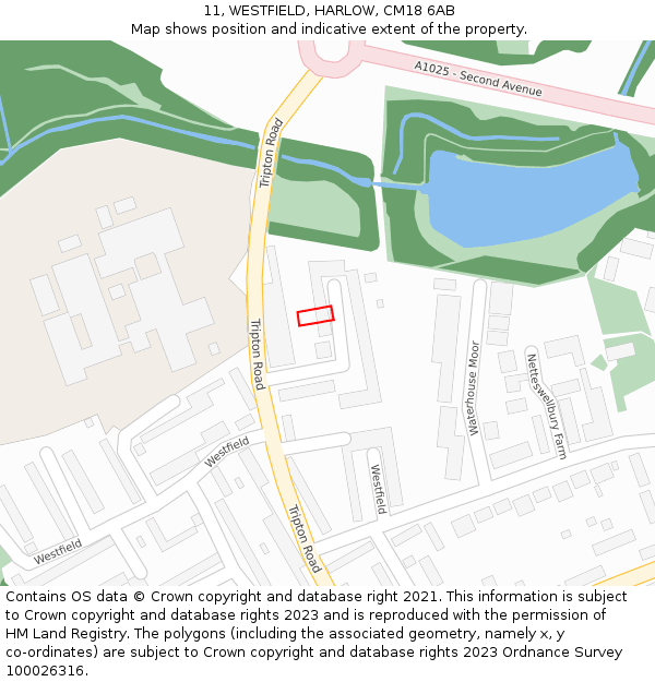 11, WESTFIELD, HARLOW, CM18 6AB: Location map and indicative extent of plot