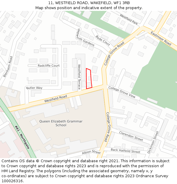 11, WESTFIELD ROAD, WAKEFIELD, WF1 3RB: Location map and indicative extent of plot