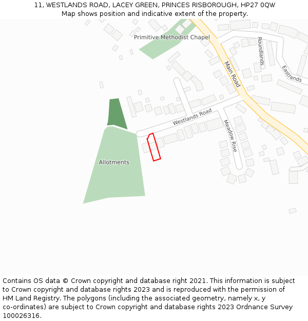 11, WESTLANDS ROAD, LACEY GREEN, PRINCES RISBOROUGH, HP27 0QW: Location map and indicative extent of plot