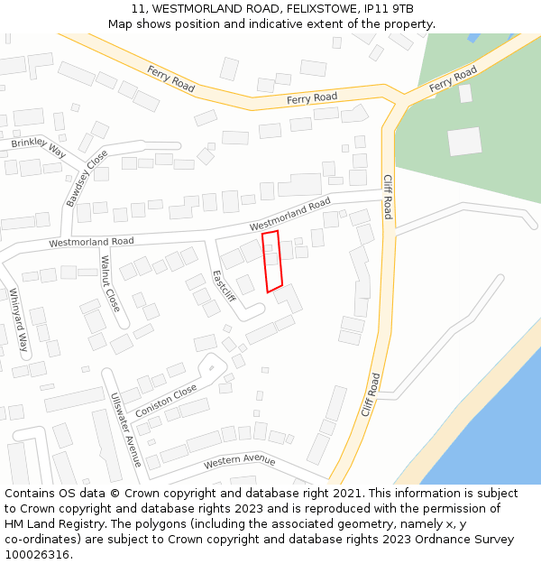 11, WESTMORLAND ROAD, FELIXSTOWE, IP11 9TB: Location map and indicative extent of plot