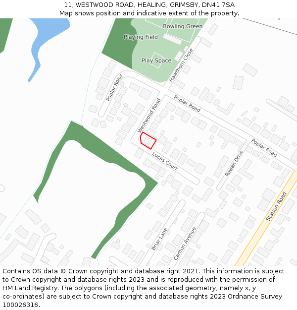 11, WESTWOOD ROAD, HEALING, GRIMSBY, DN41 7SA: Location map and indicative extent of plot