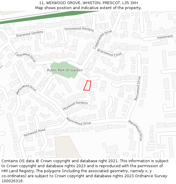 11, WEXWOOD GROVE, WHISTON, PRESCOT, L35 3XH: Location map and indicative extent of plot