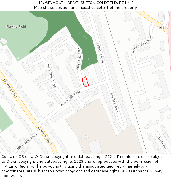 11, WEYMOUTH DRIVE, SUTTON COLDFIELD, B74 4LF: Location map and indicative extent of plot