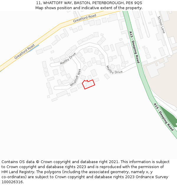 11, WHATTOFF WAY, BASTON, PETERBOROUGH, PE6 9QS: Location map and indicative extent of plot