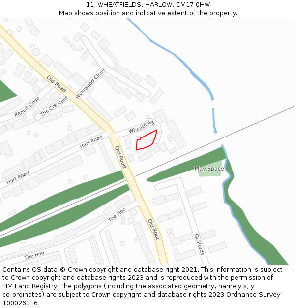 11, WHEATFIELDS, HARLOW, CM17 0HW: Location map and indicative extent of plot