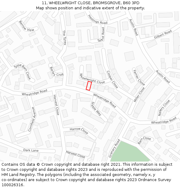 11, WHEELWRIGHT CLOSE, BROMSGROVE, B60 3PD: Location map and indicative extent of plot