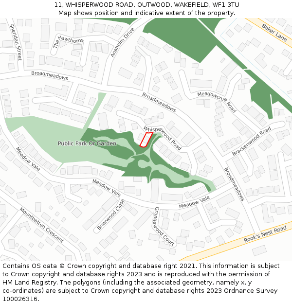 11, WHISPERWOOD ROAD, OUTWOOD, WAKEFIELD, WF1 3TU: Location map and indicative extent of plot