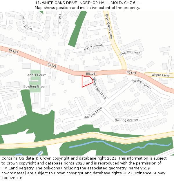 11, WHITE OAKS DRIVE, NORTHOP HALL, MOLD, CH7 6LL: Location map and indicative extent of plot