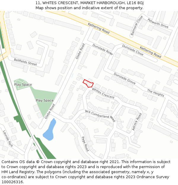 11, WHITES CRESCENT, MARKET HARBOROUGH, LE16 8GJ: Location map and indicative extent of plot