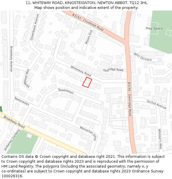 11, WHITEWAY ROAD, KINGSTEIGNTON, NEWTON ABBOT, TQ12 3HL: Location map and indicative extent of plot