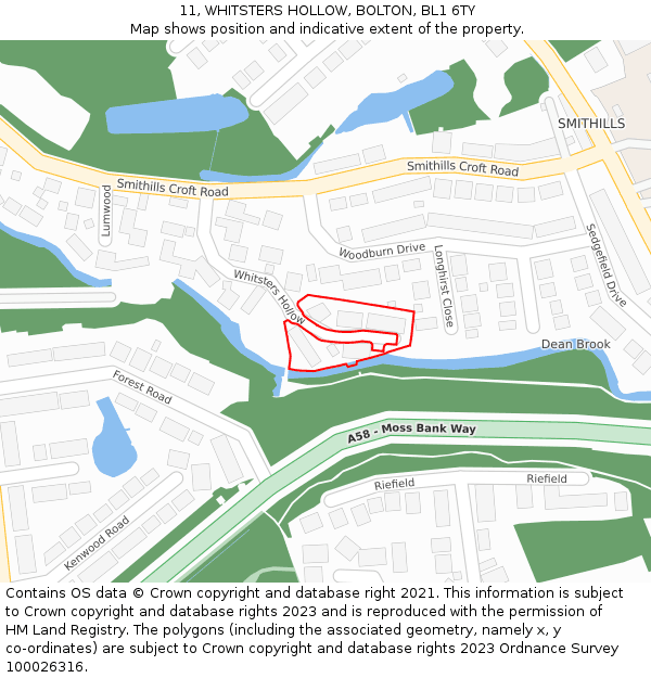 11, WHITSTERS HOLLOW, BOLTON, BL1 6TY: Location map and indicative extent of plot